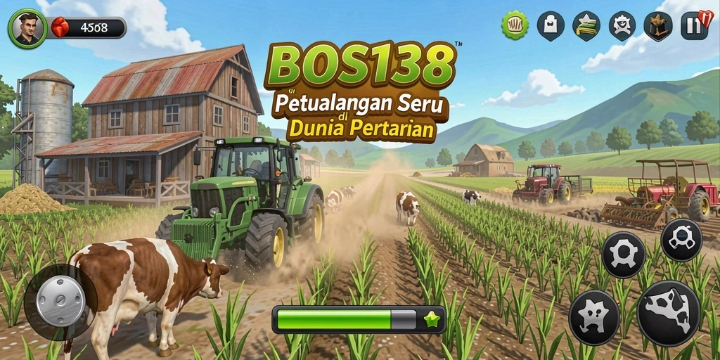 Tangkapan layar gameplay BOS138 menampilkan ladang hijau subur dan aktivitas bertani.