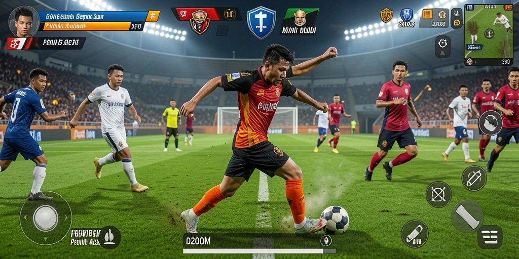 Tangkapan layar D200M menampilkan aksi mendebarkan dalam permainan sepak bola.