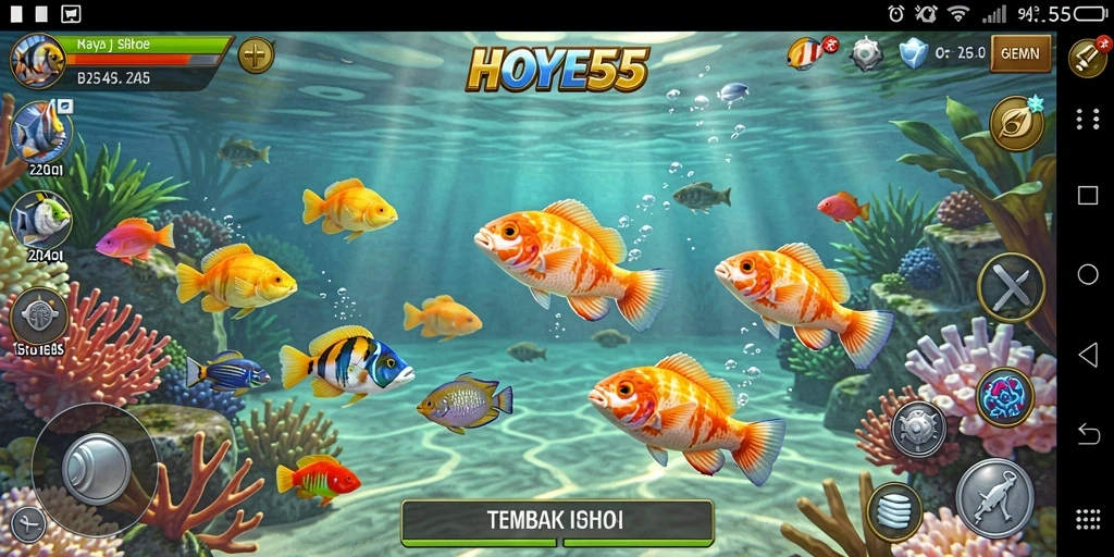 Screenshot gameplay HOYE55 yang menunjukkan aksi menembak ikan secara intens.