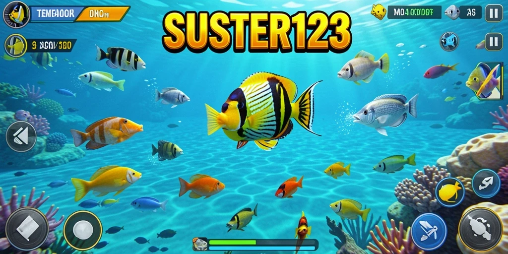 Tampilan gameplay seru dalam SUSTER123 dengan berbagai jenis ikan.